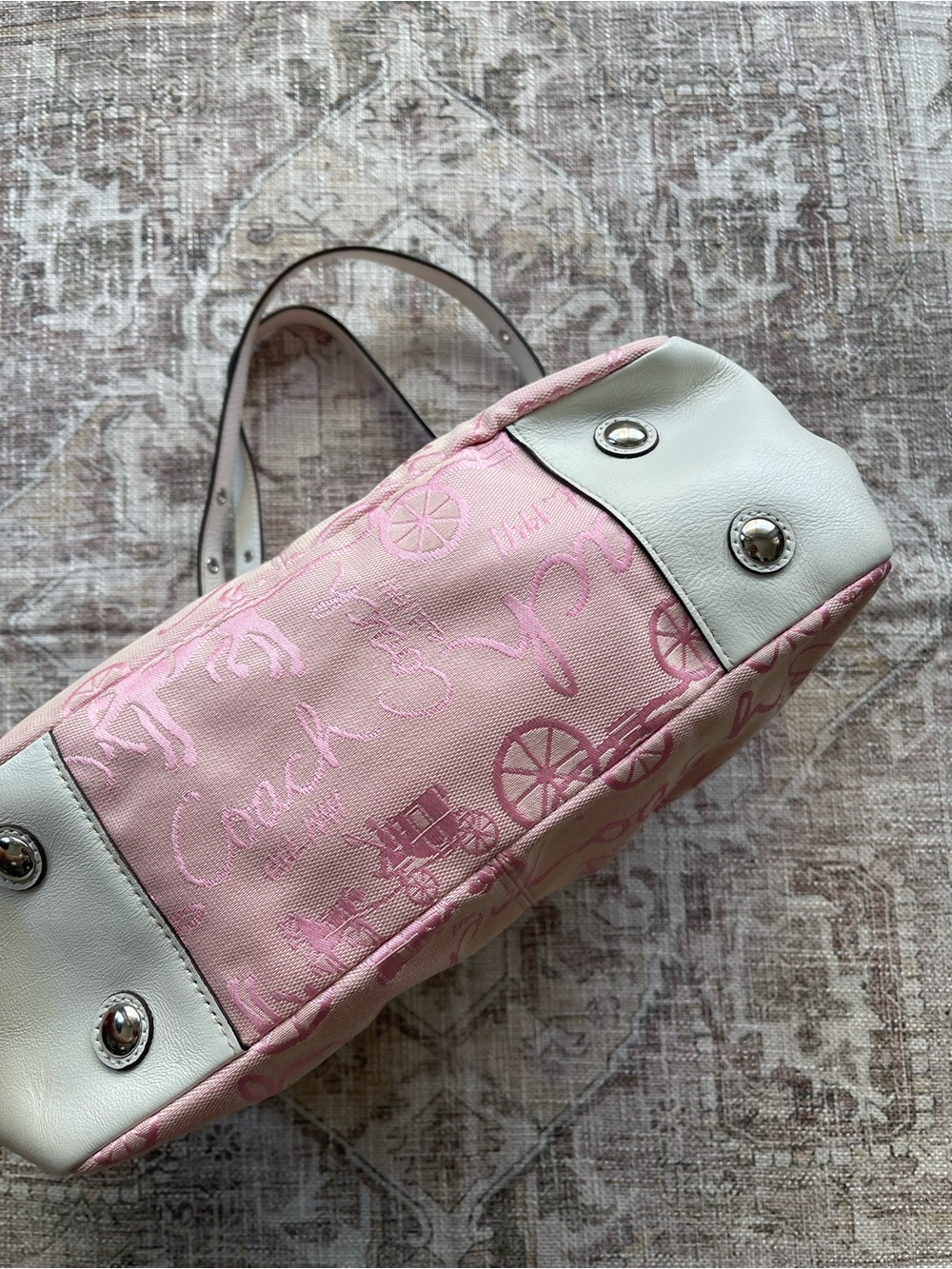 Coach Rare Y2K 2000’s Baby Pink Carriage Shoulder Tote with White Trim - Picture 9 of 16
